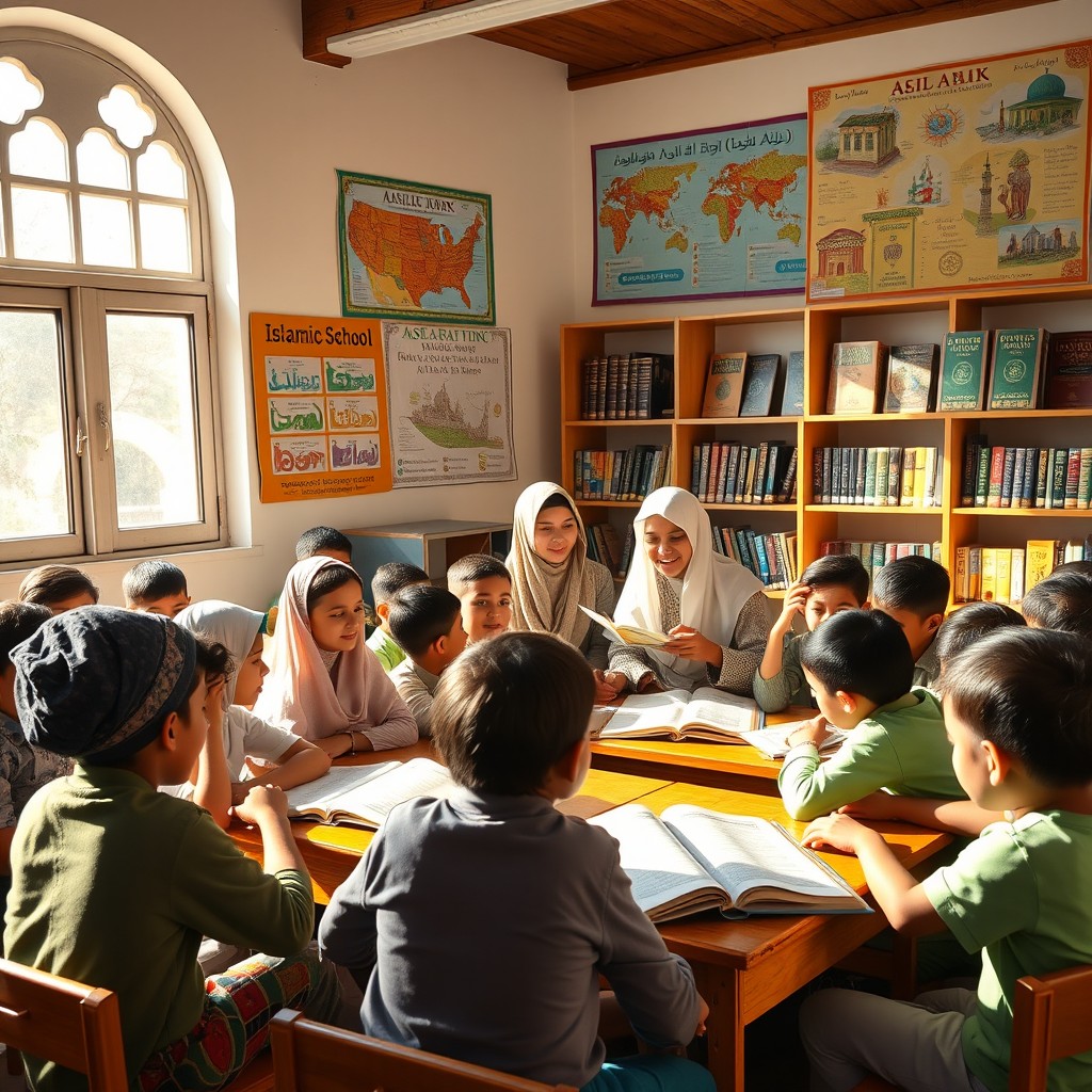 A vibrant and engaging scene inside an Islamic school, filled with children of diverse backgrounds studying together