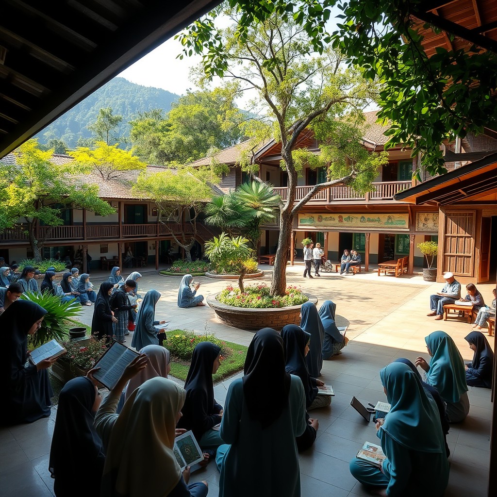 A peaceful and scenic view of a pesantren (Islamic boarding school), featuring traditional architecture with wooden structures and lush greenery surrounding the area