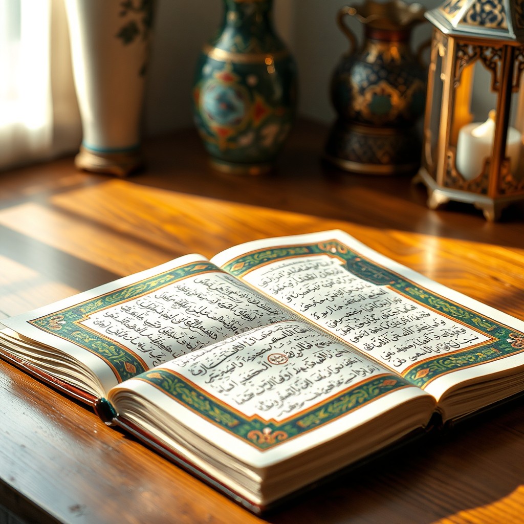 A beautifully illustrated Islamic book laid open on a wooden table, showcasing intricate calligraphy and vibrant ornate patterns