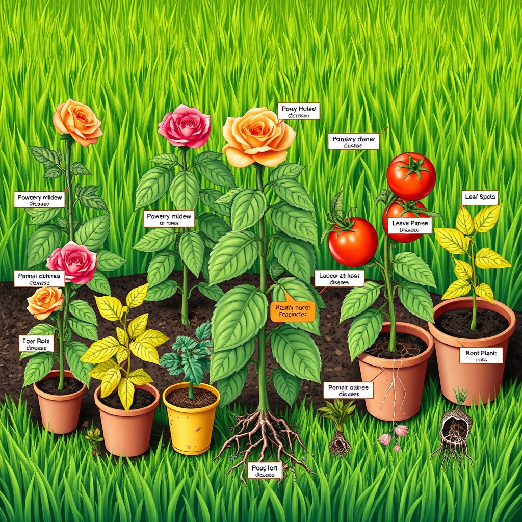 An educational and detailed illustration depicting various plant diseases affecting different types of plants