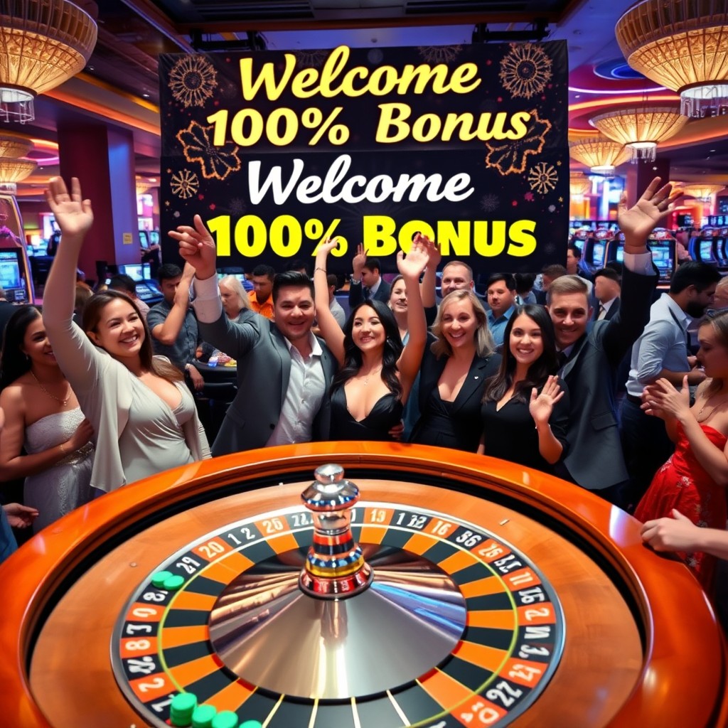 A vibrant casino scene, featuring people celebrating with enthusiasm as they gather around a large roulette table