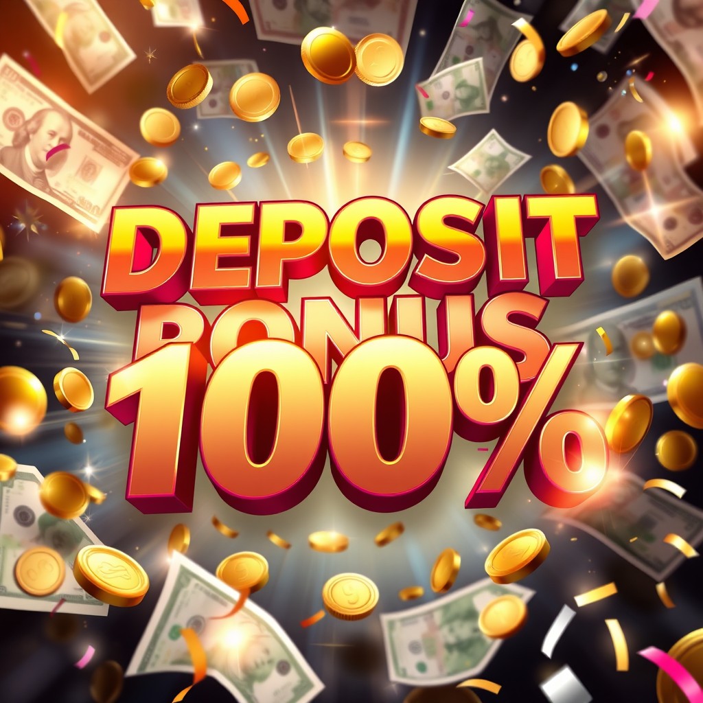 A visually striking and enticing advertisement for a deposit bonus promotion featuring the bold text 'Deposit Bonus 100%' prominently displayed in a vibrant, eye-catching font