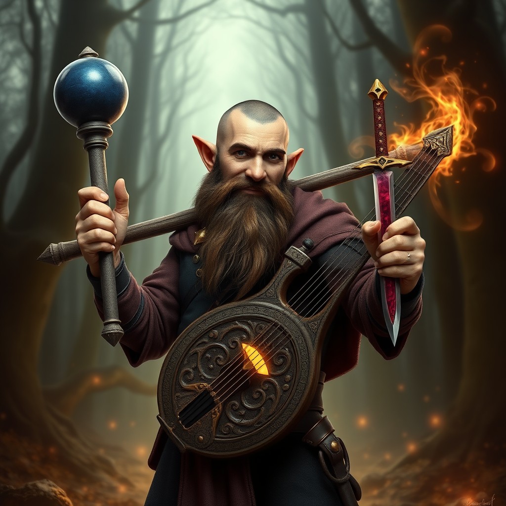 A lean, handsome middle-aged gnome warlock, depicted with a confident expression