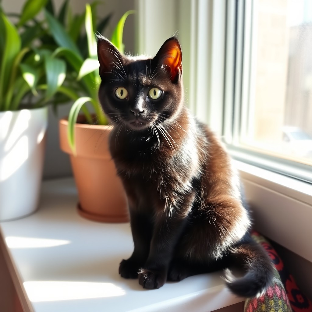 A cute black cat sitting on a windowsill, bathed in soft sunlight, with bright green eyes and a shiny coat