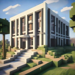 An intricately designed school building labeled 'ELC' in the creative, block-style aesthetics of the Minecraft game.