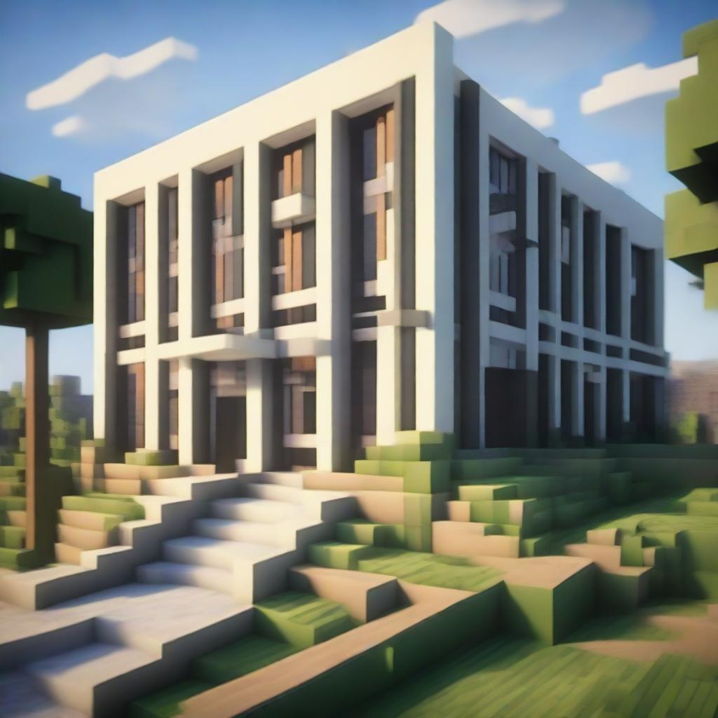 An intricately designed school building labeled 'ELC' in the creative, block-style aesthetics of the Minecraft game.