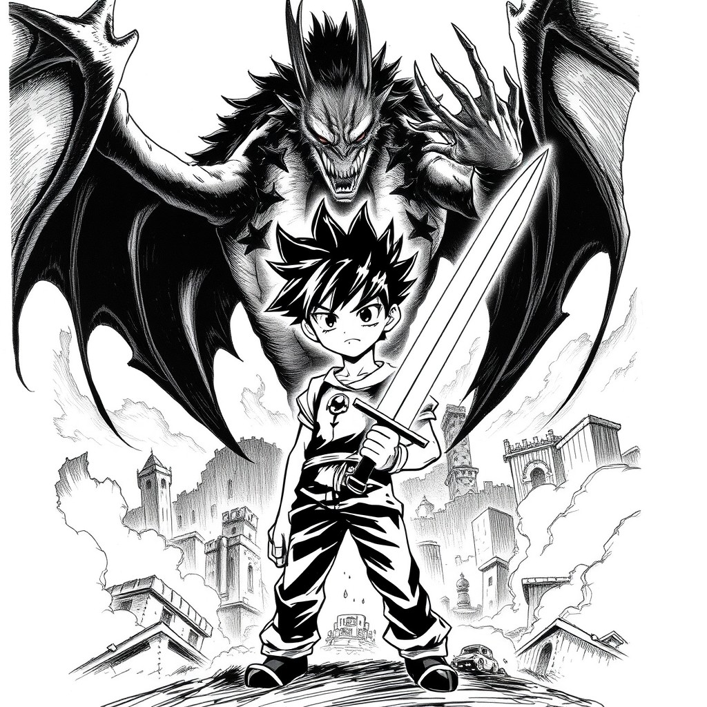 A dramatic scene from a black-and-white manga page featuring a young hero with spiky hair standing defiantly in the foreground, gripping a glowing sword