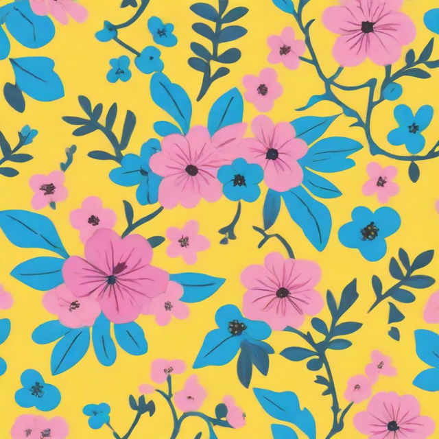 A cloth design featuring a pattern of light blue and pink flowers against a bright yellow background.