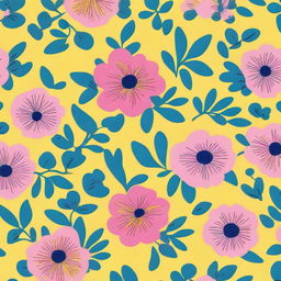 A cloth design featuring a pattern of light blue and pink flowers against a bright yellow background.