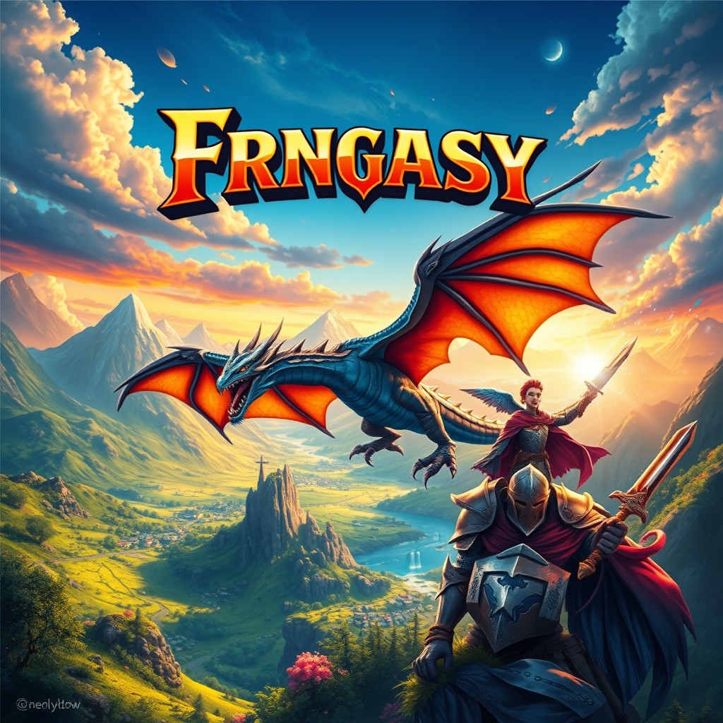 A vibrant and eye-catching gaming banner featuring a fantasy world filled with lush landscapes, majestic mountains, and colorful skies