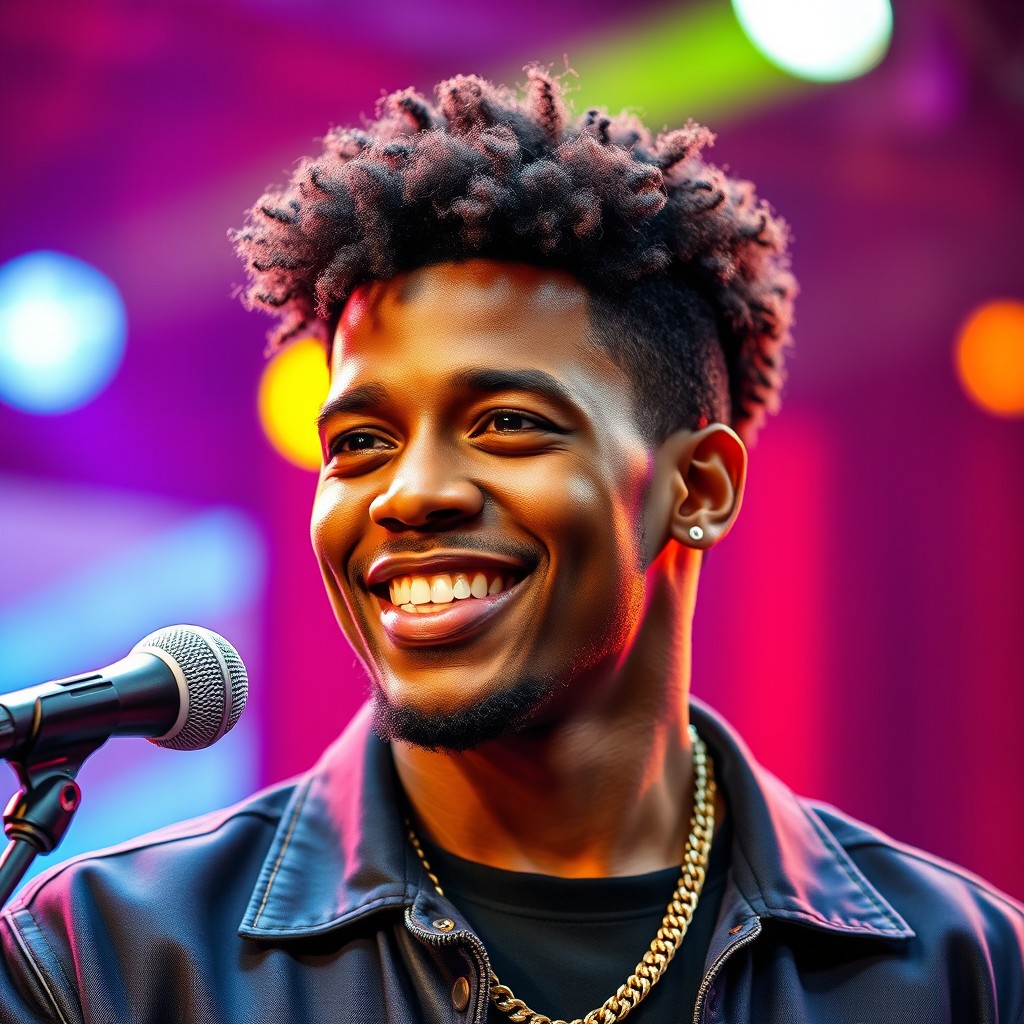 A portrait of a 30-year-old African American male singer with an expressive face and a charismatic smile