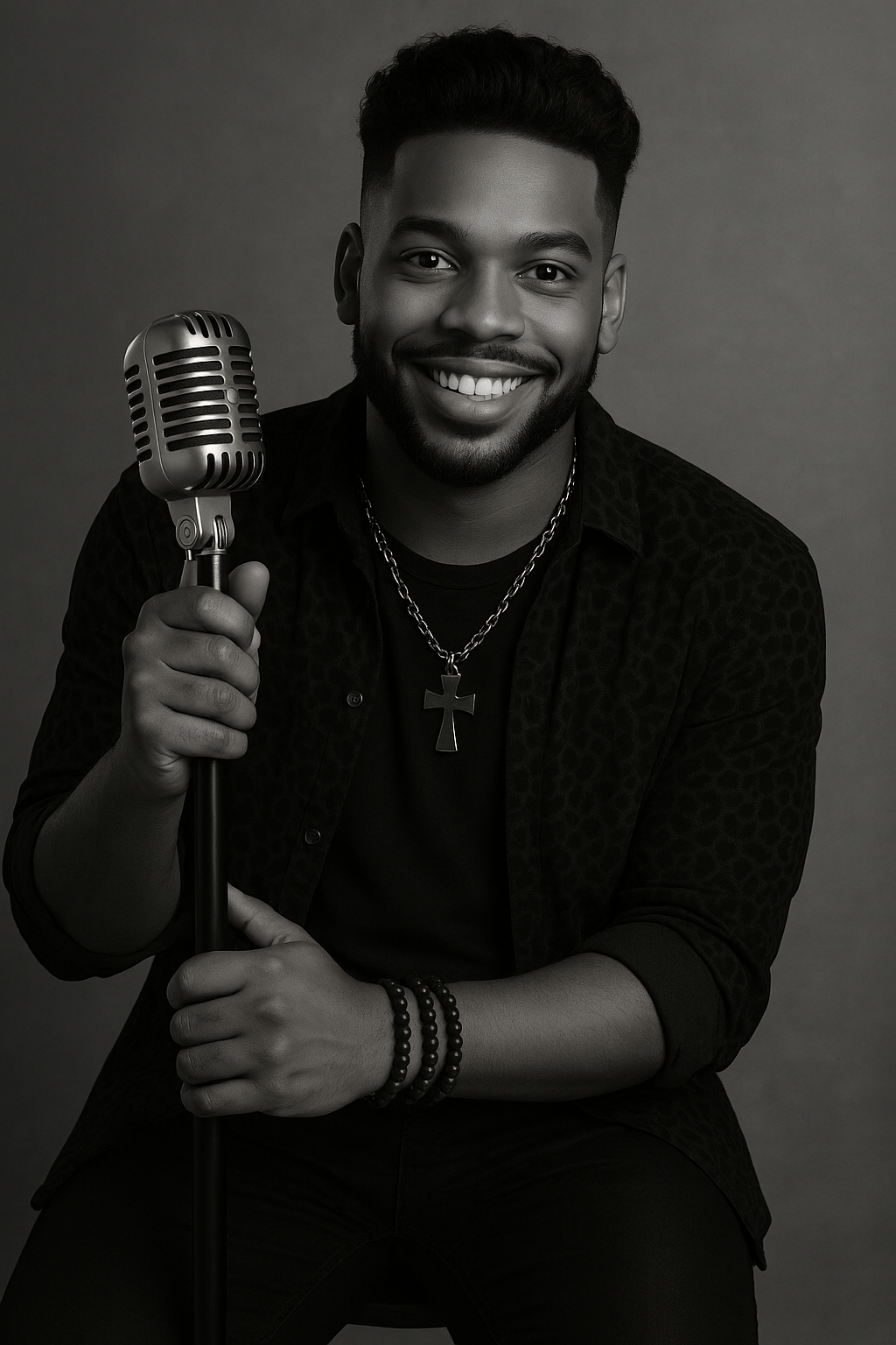 A picture of a male 28 year old afroamerican singer who resembles the person in this photo. Put a classic style microphone into the scene