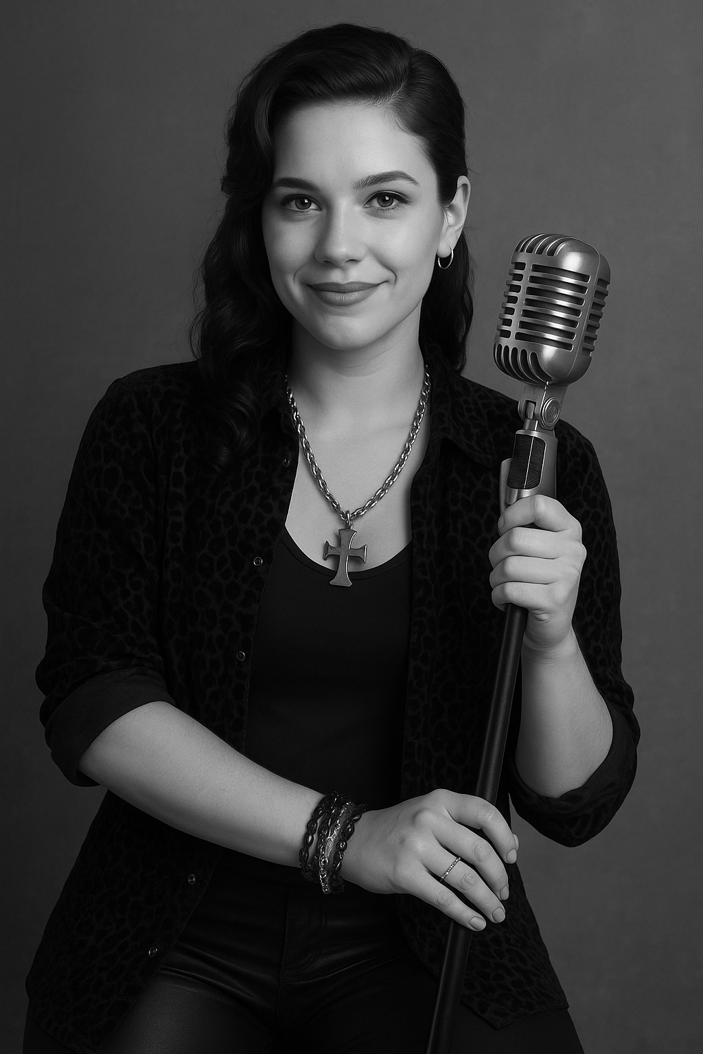 A picture of a 28 year old female singer, that resembles the person in the picture Put a classic microphone into the scene.