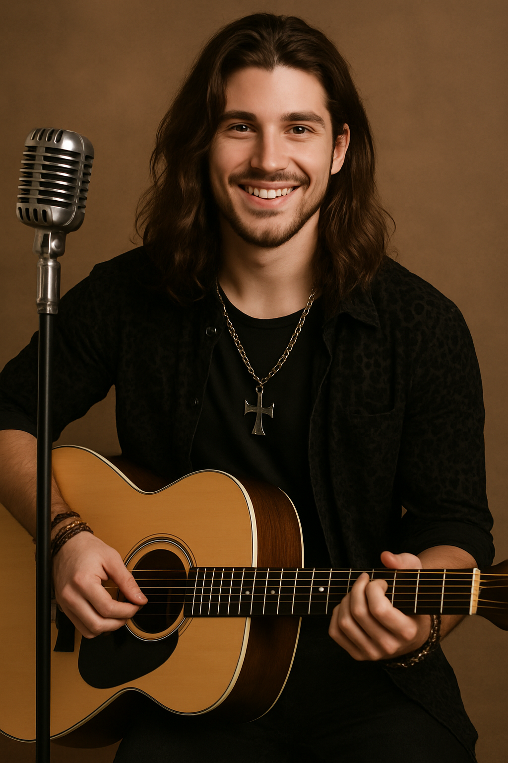 A picture of a 28 year old male singer, that resembles the person in the picture Put a classic microphone into the scene. He plays acoustic guitar and has long hair.
