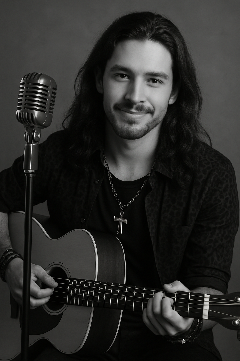 A picture of a 28 year old male singer, that resembles the person in the picture Put a classic microphone into the scene. He plays acoustic guitar and has long hair.