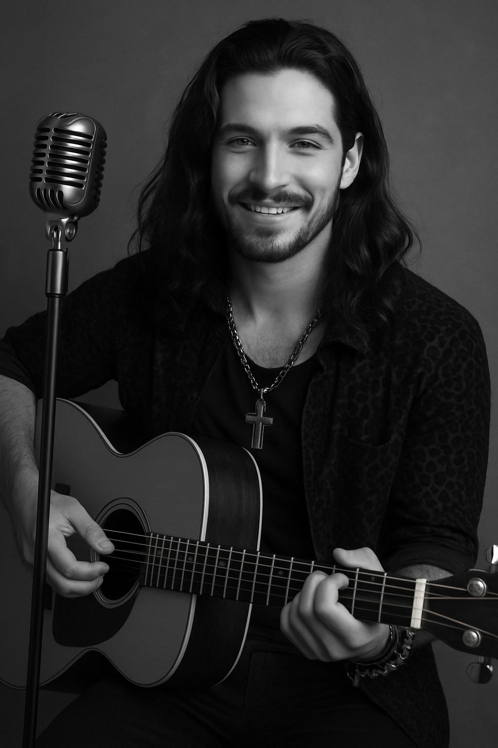 A picture of a 28 year old male singer, that resembles the person in the picture Put a classic microphone into the scene. He plays acoustic guitar and has long hair.