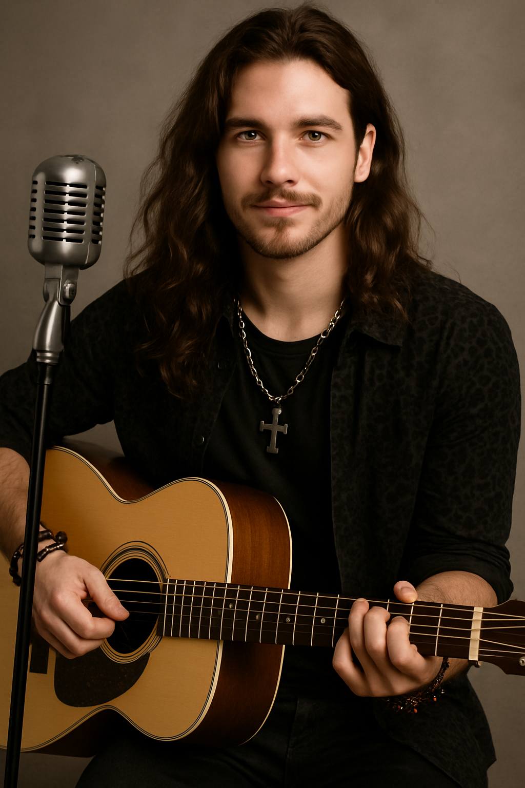 A picture of a 28 year old male singer, that resembles the person in the picture Put a classic microphone into the scene. He plays acoustic guitar and has long hair.