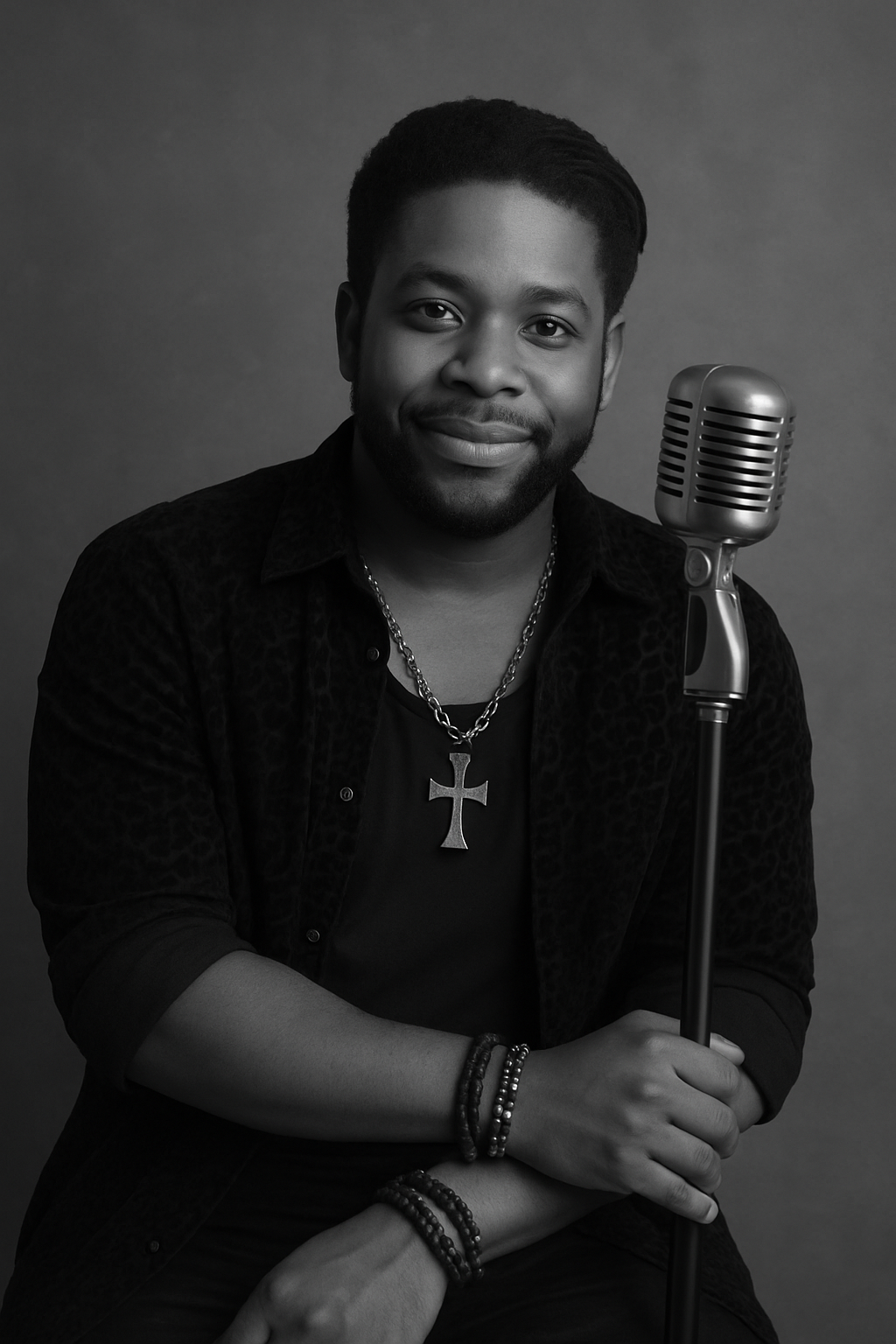 A picture of a male 33 year old afroamerican singer who resembles the person in this photo. Put a classic style microphone into the scene. He has a soft smile.