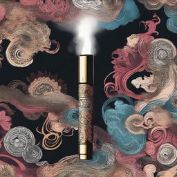 Artistic representation of a vape pen with intricate designs and smoke billowing out in creative patterns