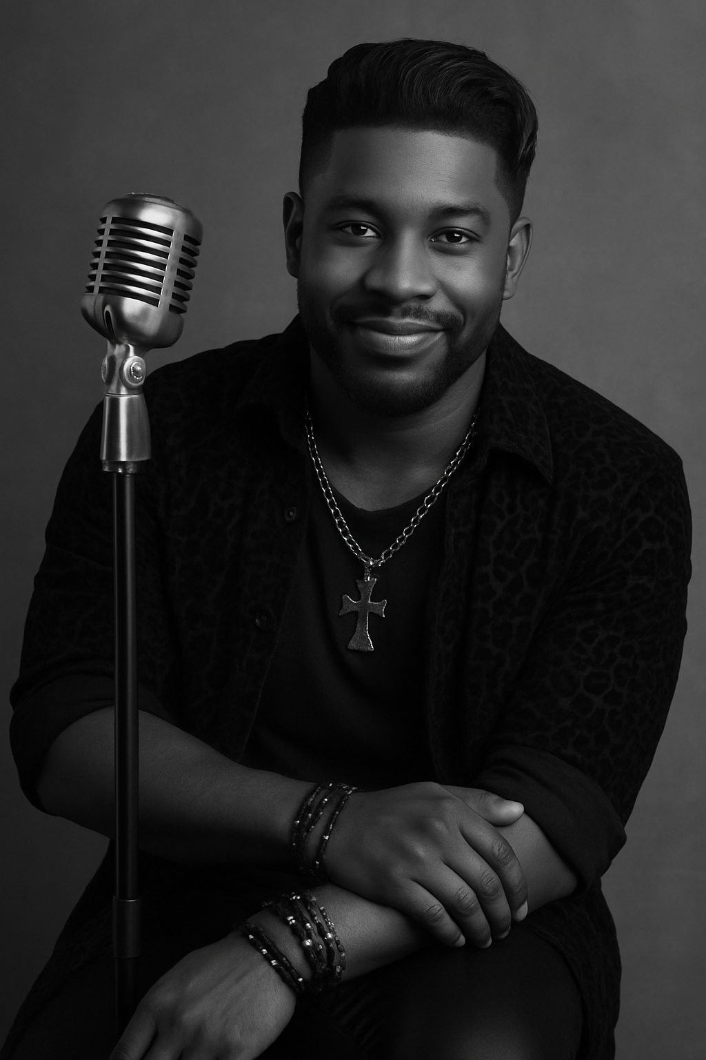 Use this photo and generate a picture of a black 30 year old male singer resembling the person in the picture. Put a classic style microphone into the scene.