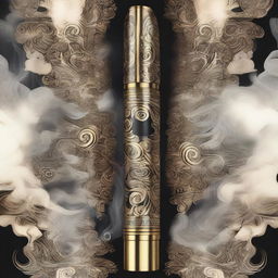 Artistic representation of a vape pen with intricate designs and smoke billowing out in creative patterns