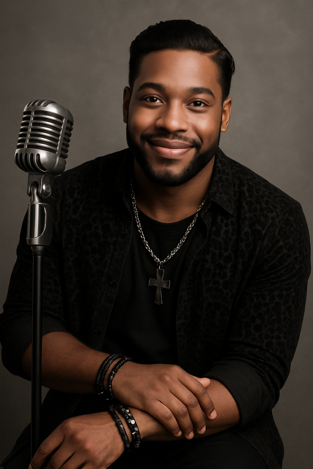 Use this photo and generate a picture of a charismatic Black 28-year-old male singer resembling the person in the picture. He is smiling softly into the camera.Put a classic-style microphone into the scene.