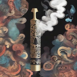 Artistic representation of a vape pen with intricate designs and smoke billowing out in creative patterns