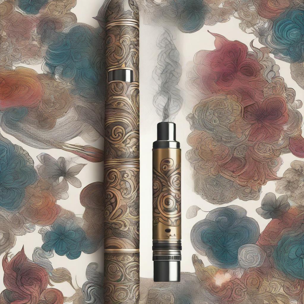 Artistic representation of a vape pen with intricate designs and smoke billowing out in creative patterns