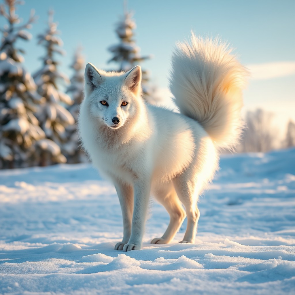 A majestic white fox standing gracefully in a snowy landscape, its fur glistening in the soft winter sunlight
