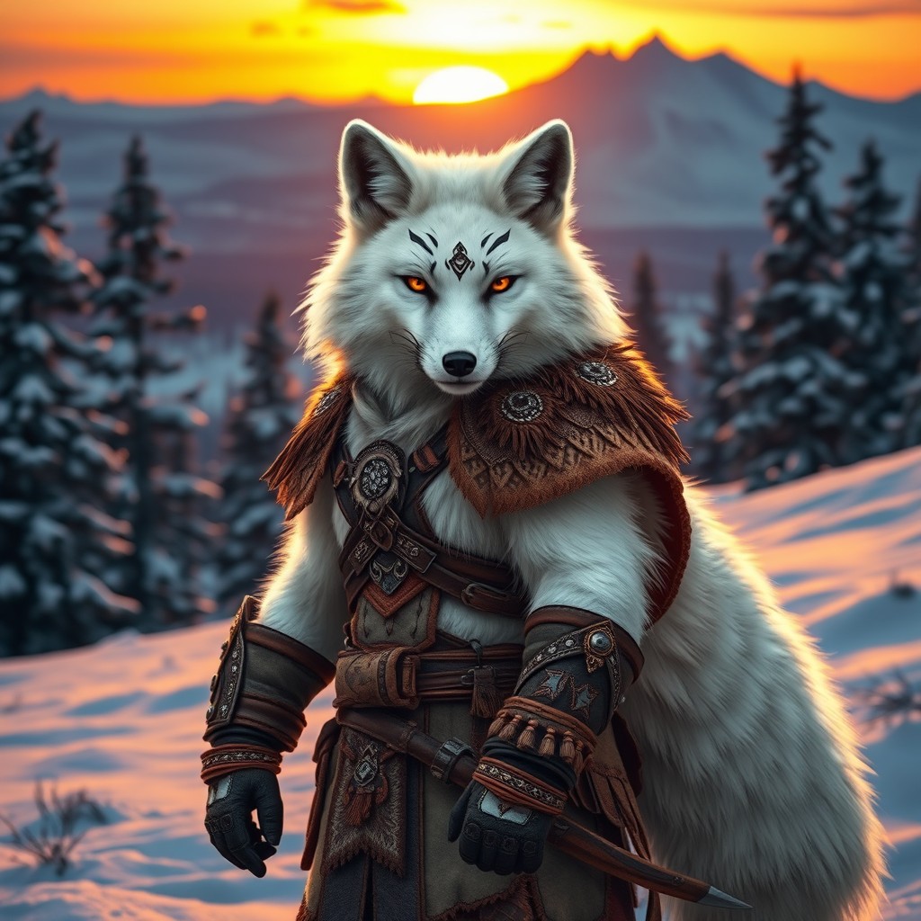A fierce white fox warrior standing strong in a dramatic winter landscape