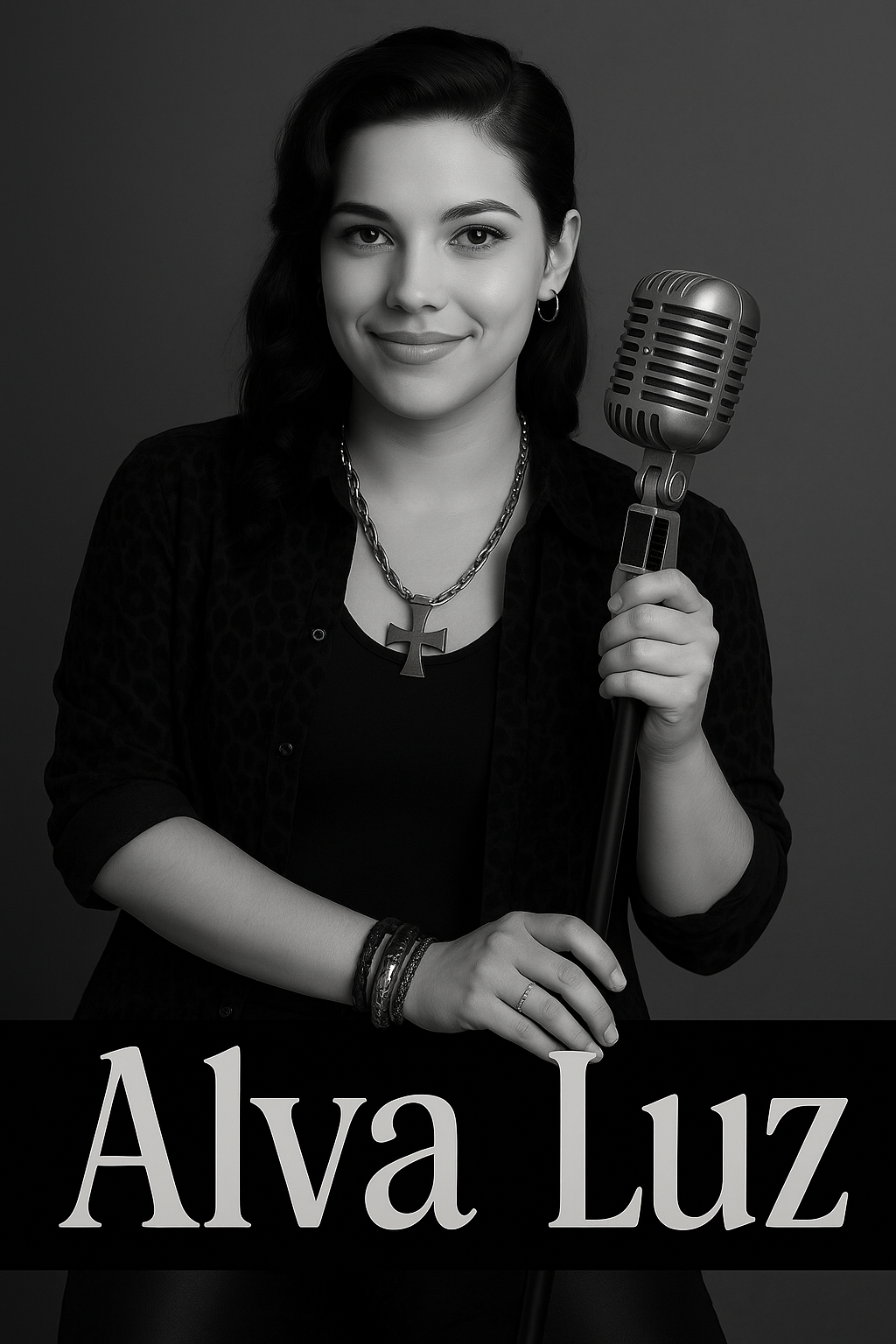 Use this exact photo. Insert a letterbox in the bottom with the name "Alva Luz" using artistic fonts. This letters should not occupy more than 20% of the photo