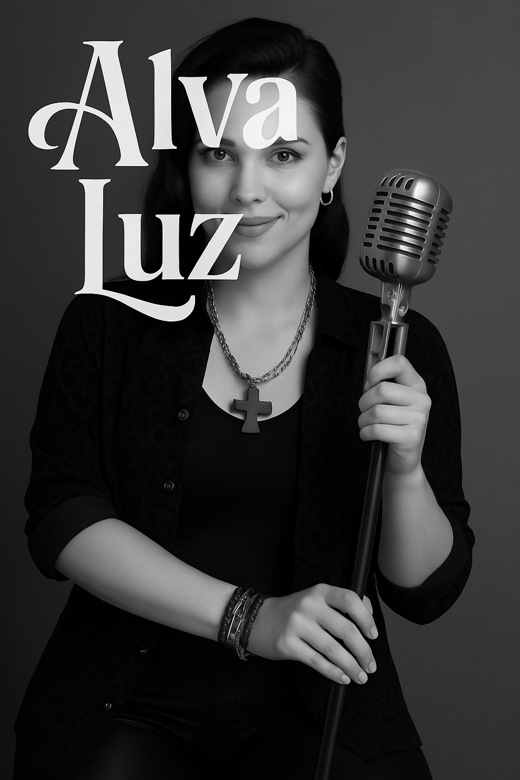Use this exact photo. Insert her name "Alva Luz" using artistic fonts. This letters should not occupy more than 20% of the photo