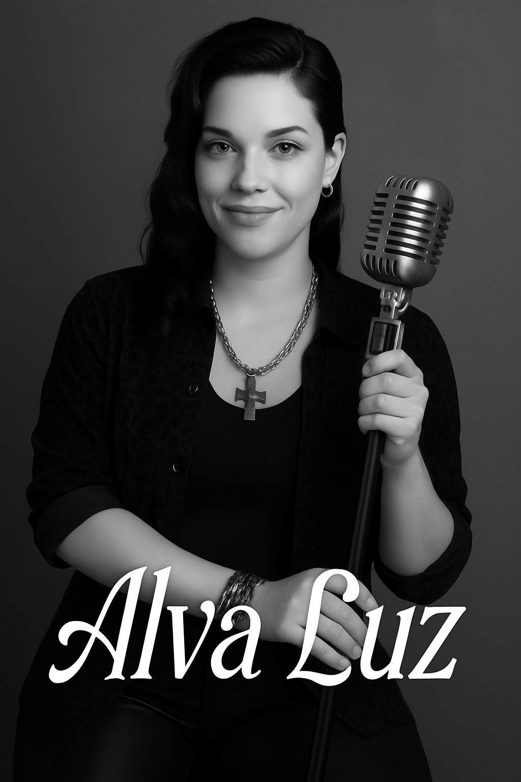 Use this exact photo. Insert her name, "Alva Luz" at the bottom, using artistic fonts. This letters should not occupy more than 20% of the photo
