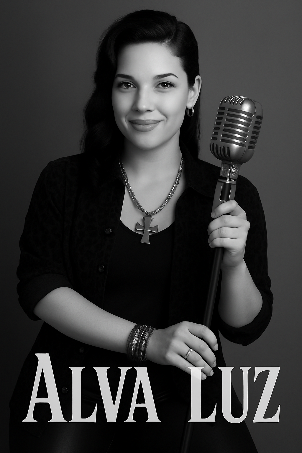 Use this exact photo. Insert her name, "Alva Luz" at the bottom, using artistic fonts. This letters should not occupy more than 20% of the photo