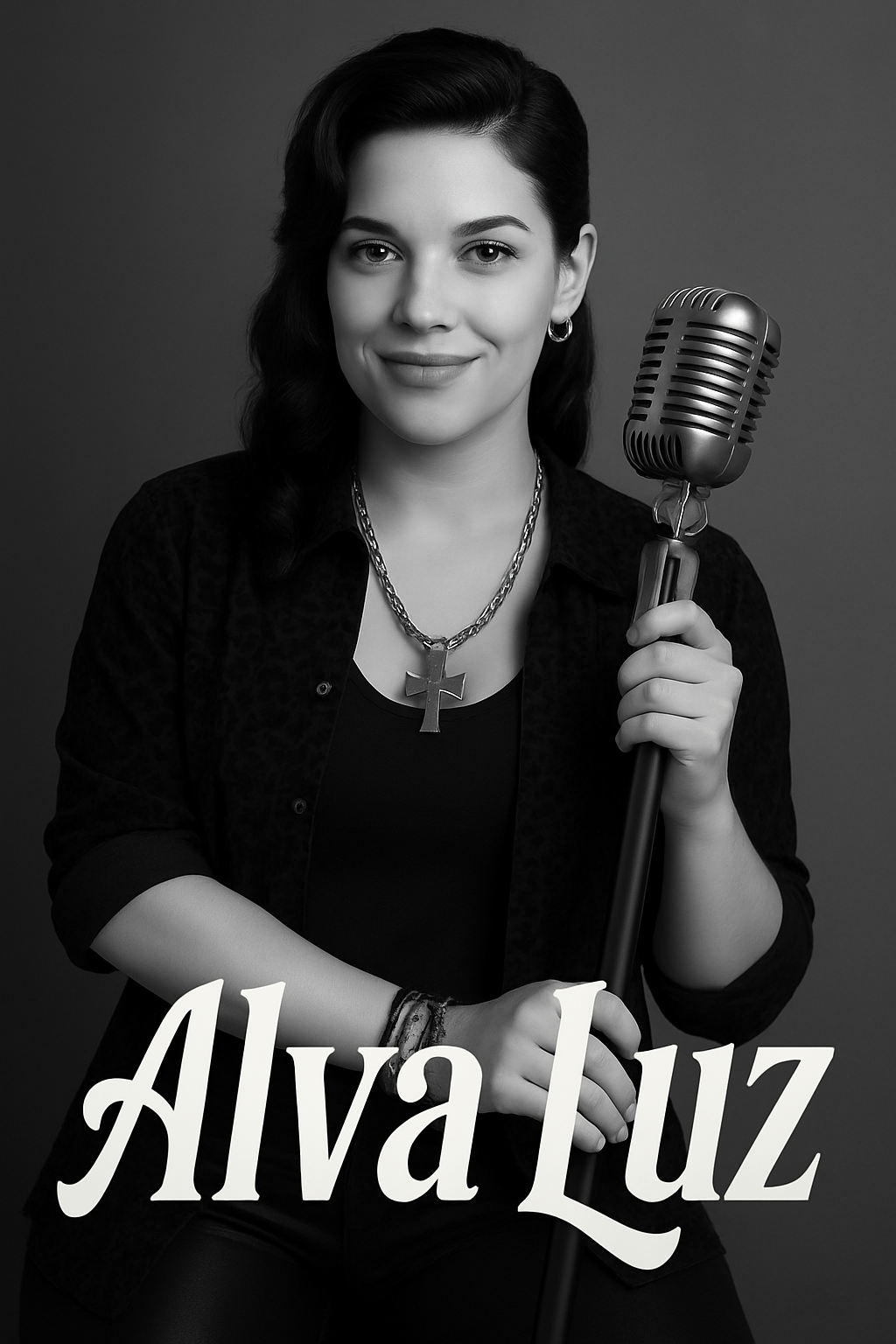 Use this exact photo. Insert her name, "Alva Luz" at the bottom, using artistic fonts. This letters should not occupy more than 20% of the photo