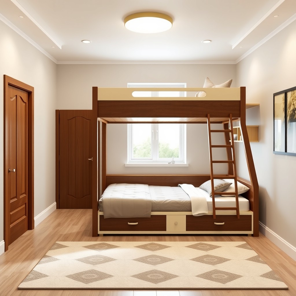 A stylish and cozy bedroom design for a young boy featuring a bunk bed with a 100 cm mattress on top and a 120 cm mattress on the bottom