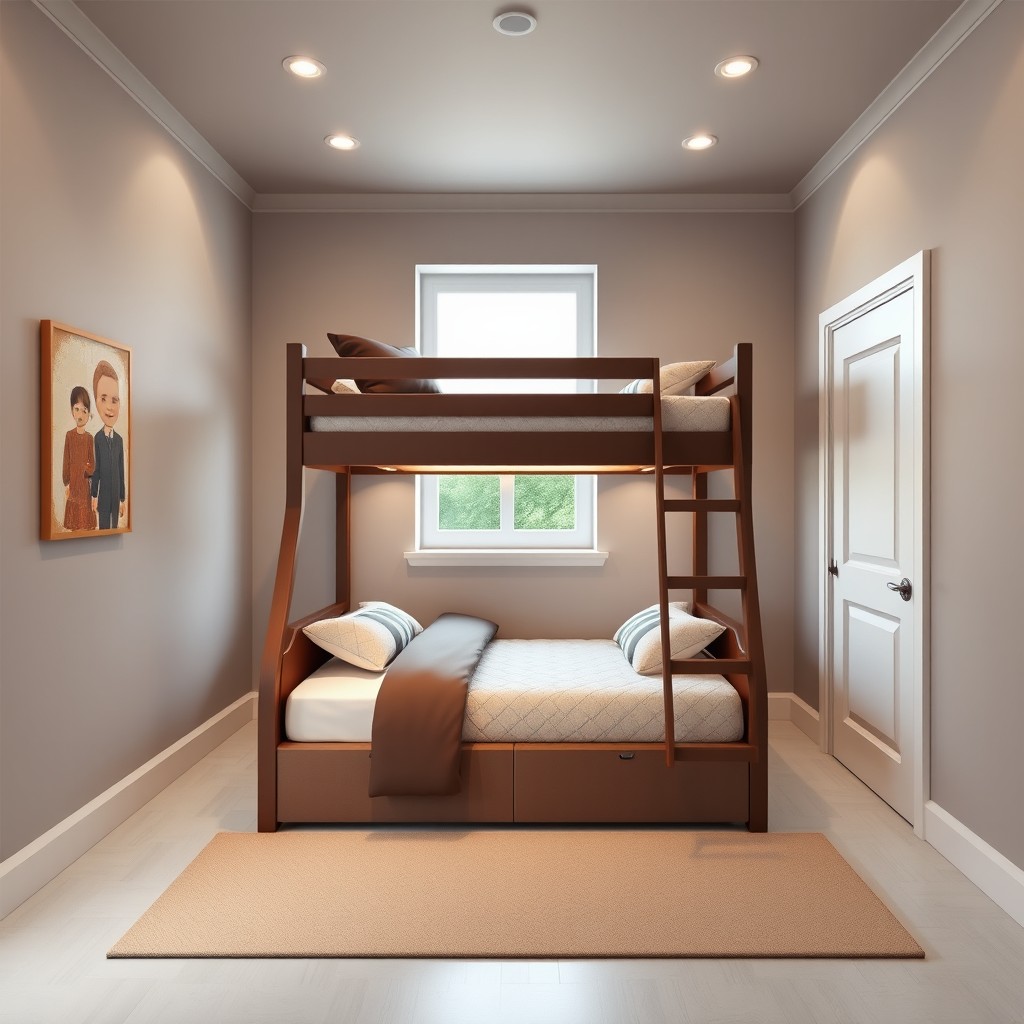A stylish and cozy bedroom design for a young boy featuring a bunk bed with a 100 cm mattress on top and a 120 cm mattress on the bottom