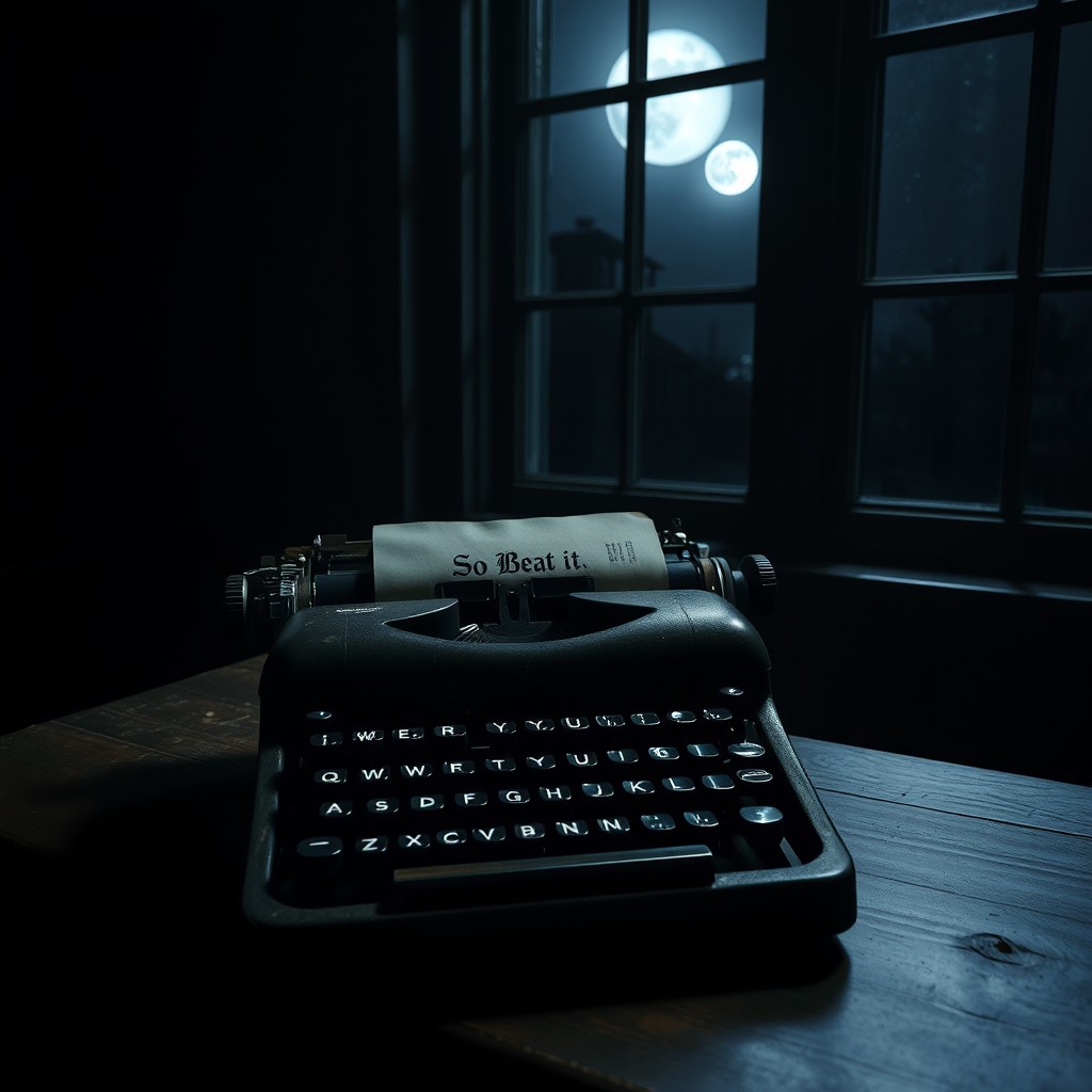 A vintage typewriter on a wooden desk, with a manuscript placed on it that reads 'So Beat It'