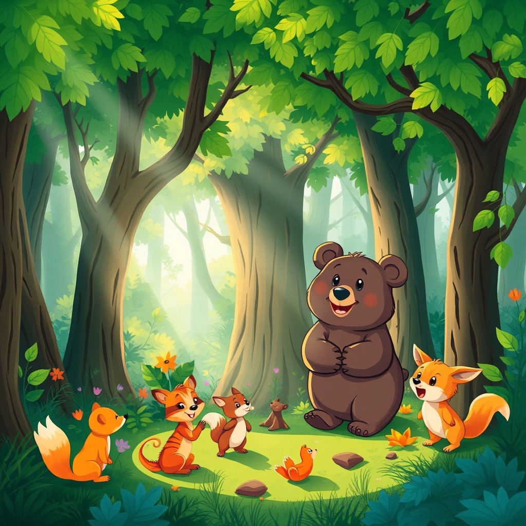 A colorful and whimsical illustration depicting the setting of a dense, enchanted forest where bears roam freely