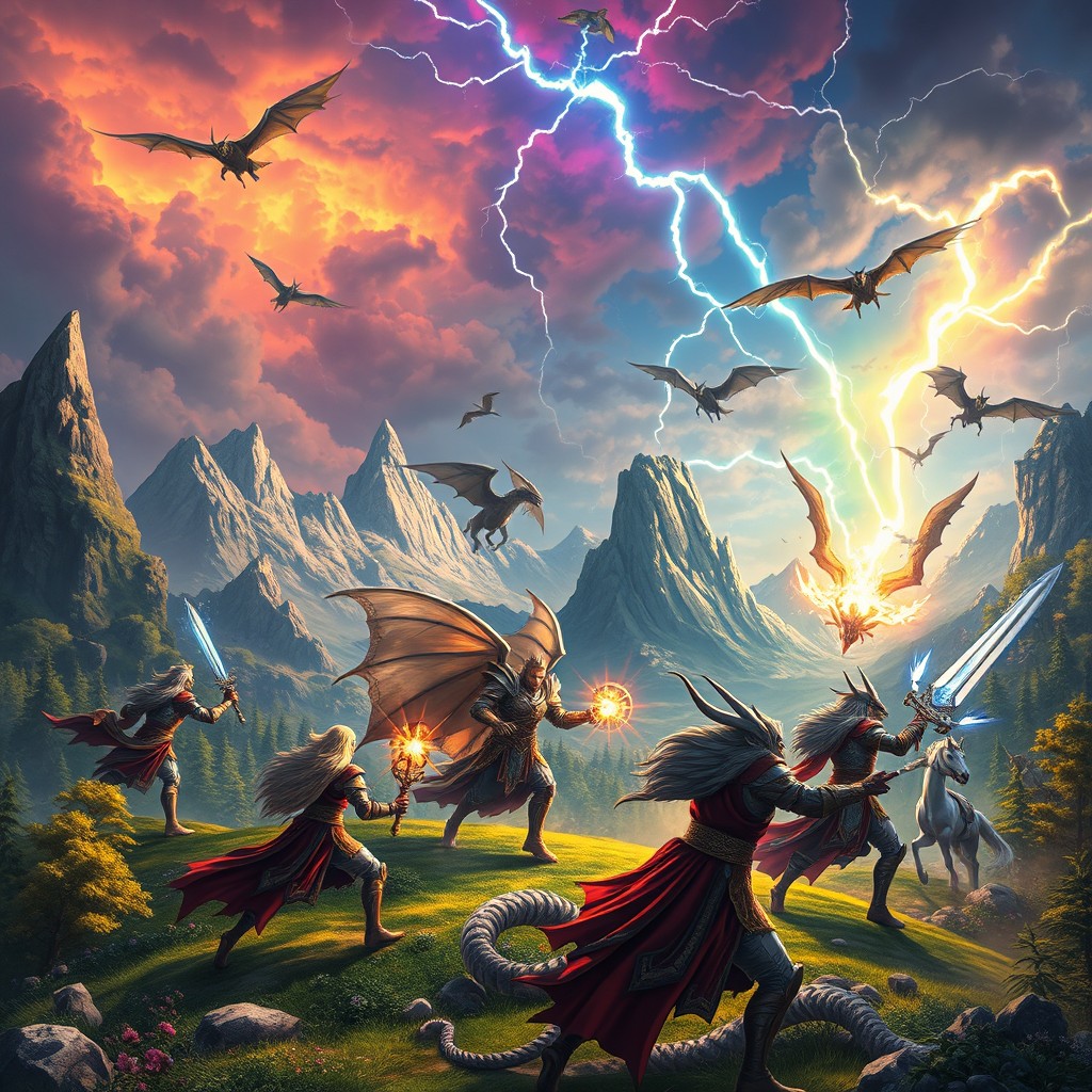 A vibrant and dynamic scene depicting a magical fantasy world where powerful heroes from various realms are engaged in an epic battle against dark forces