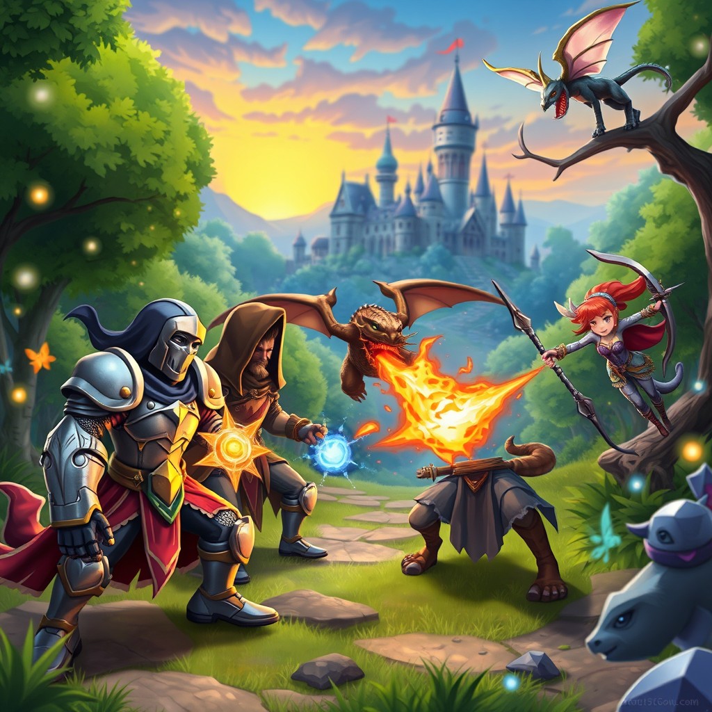 A vibrant and dynamic game play scene showing a group of four diverse characters, including a heroic knight with shining armor, a cunning rogue with a hood, a powerful mage with glowing spells, and an agile archer perched on a branch, in an enchanted forest filled with magical creatures such as fairies and mystical beasts