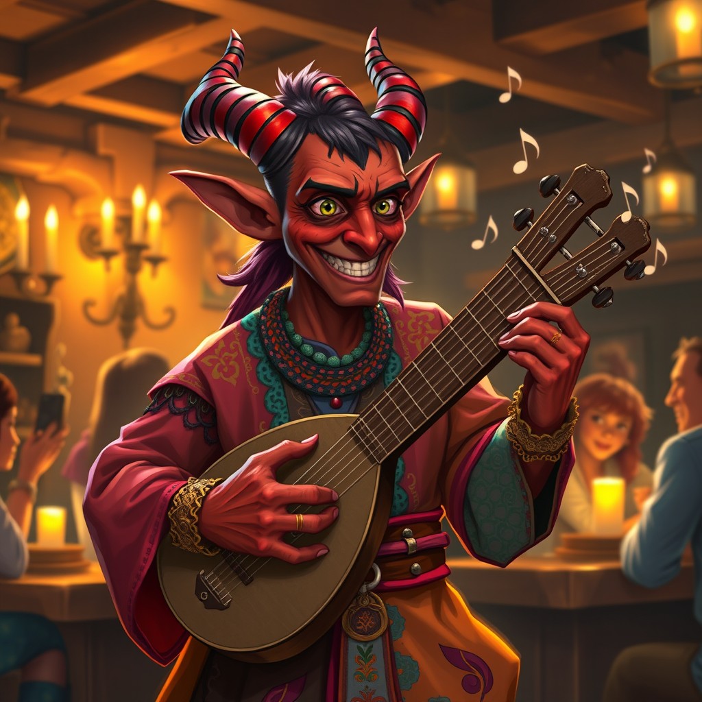 A charming tiefling bard playing a lute in a vibrant setting, dressed in colorful bohemian clothing adorned with intricate patterns