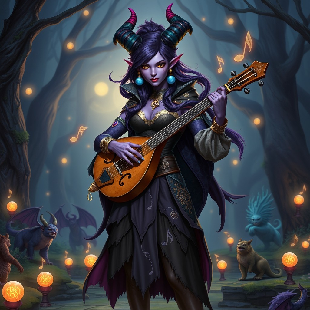 A captivating female tiefling bard standing confidently in a fantasy Dungeons & Dragons setting
