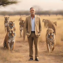 A man standing confidently amidst four majestic tigers and two sleek cheetahs in a savannah landscape.