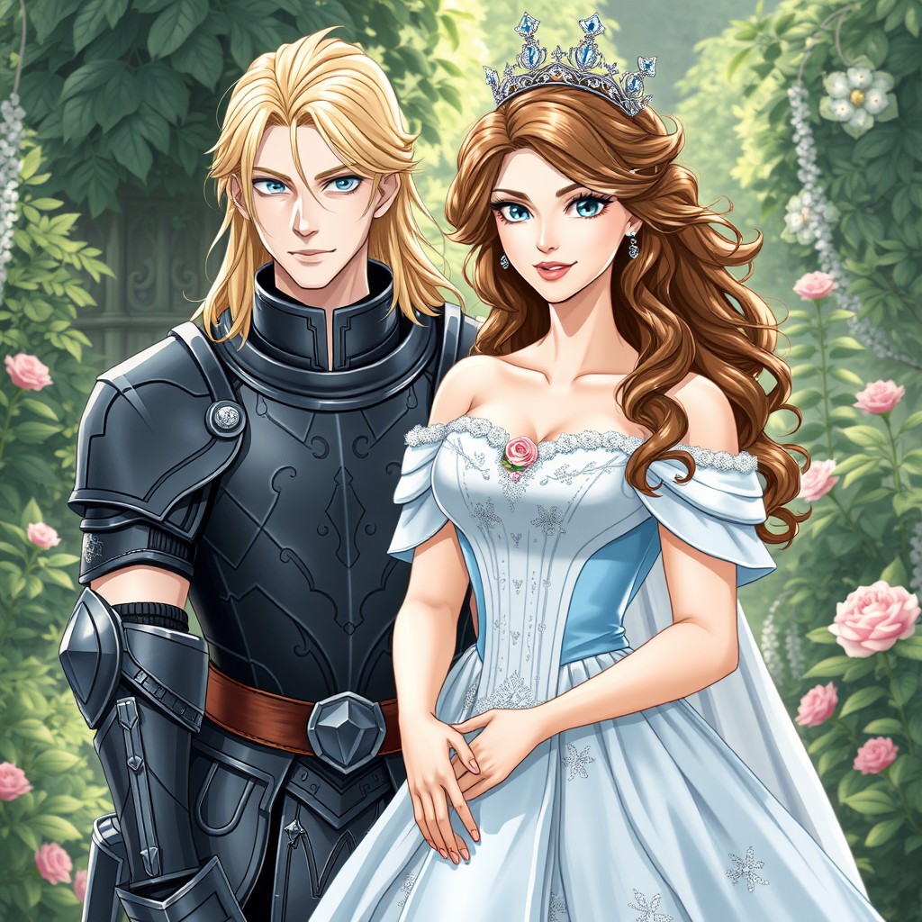 A royal medieval couple in a Genshin Impact style illustration