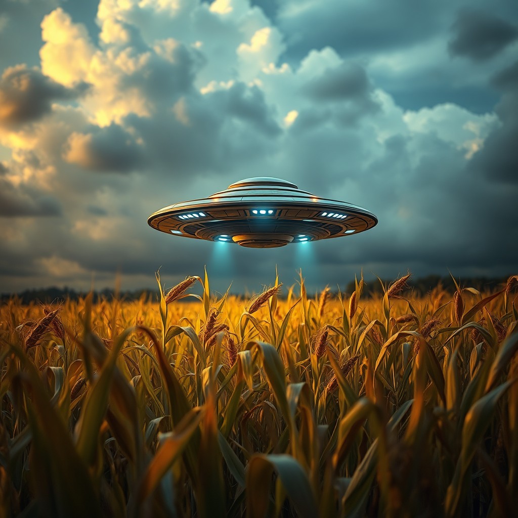 A captivating scene of a UFO hovering above a cornfield, showcasing a mysterious and engaging atmosphere