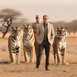 A man standing confidently amidst four majestic tigers and two sleek cheetahs in a savannah landscape.