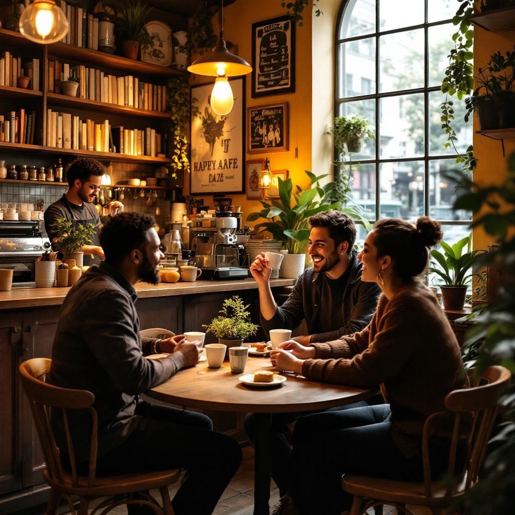 A warmly lit cozy cafe interior, filled with people enjoying their drinks and chatting, soft jazz music playing in the background
