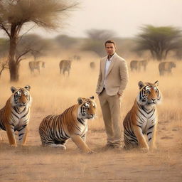 A man standing confidently amidst four majestic tigers and two sleek cheetahs in a savannah landscape.