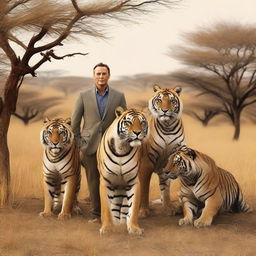 A man standing confidently amidst four majestic tigers and two sleek cheetahs in a savannah landscape.